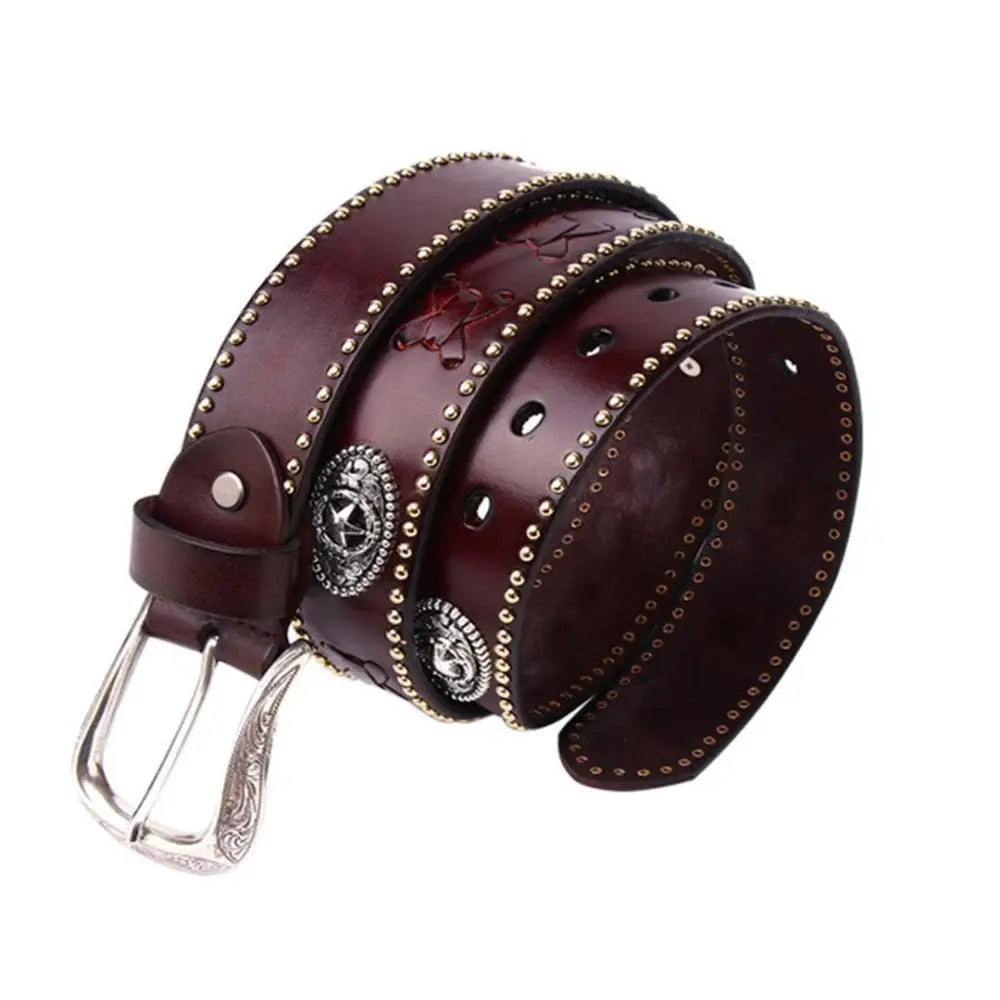 Maroon leather Chumani belt with silver studs and buckle, Western Leather Chumani accessory