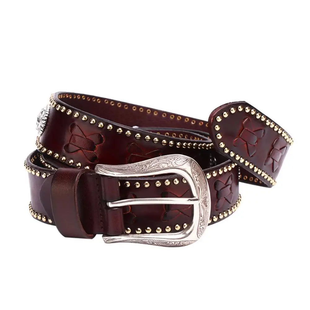 Embossed brown leather Chumani belt with silver studs and buckle for Western Leather collection