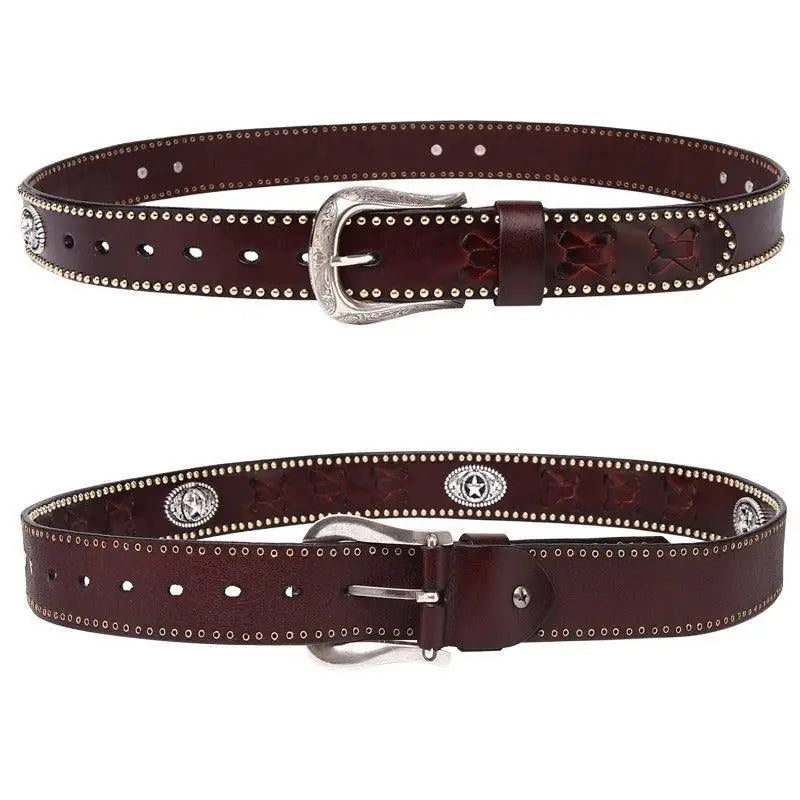 Two brown leather belts with silver studs and buckles from Western Leather Chumani