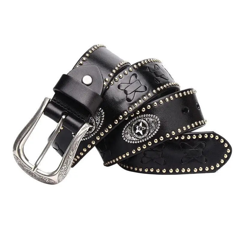 Black leather studded belt from Western Leather Chumani collection featuring silver studs