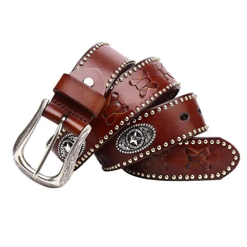 Brown leather Chumani belt with silver studs and buckle for Western Leather Chumani collection