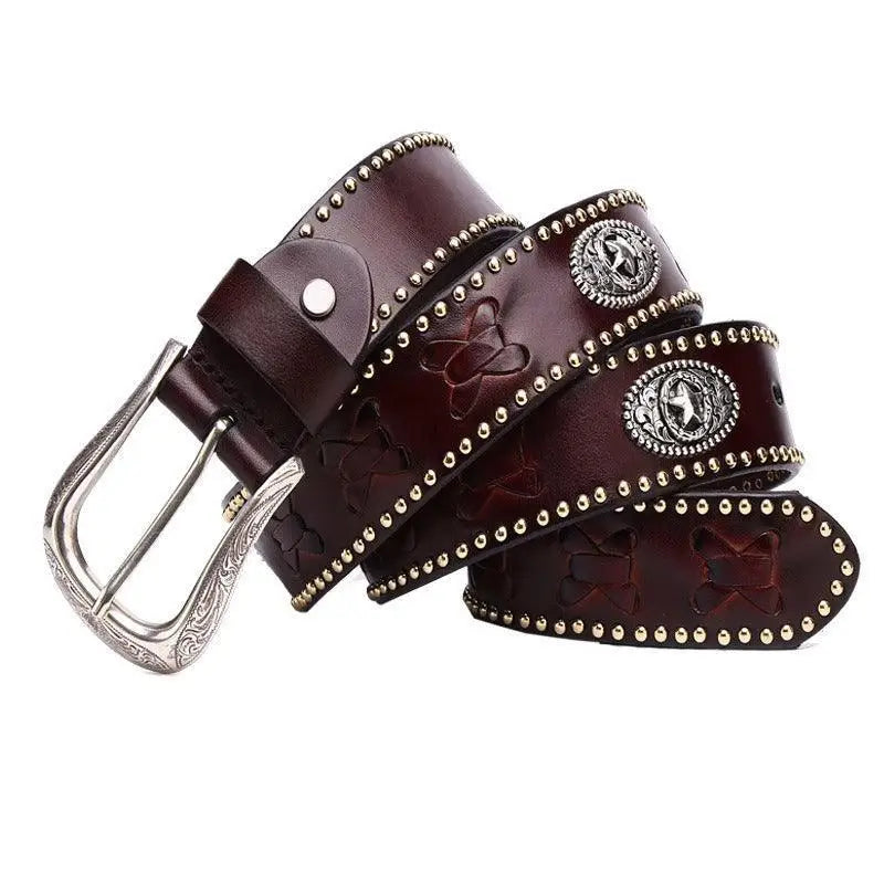 Embossed brown leather belt with silver studs and buckle from Western Leather Chumani collection