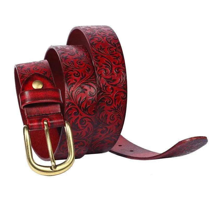 Red leather western belt with gold buckle from Eyota Western Leather collection