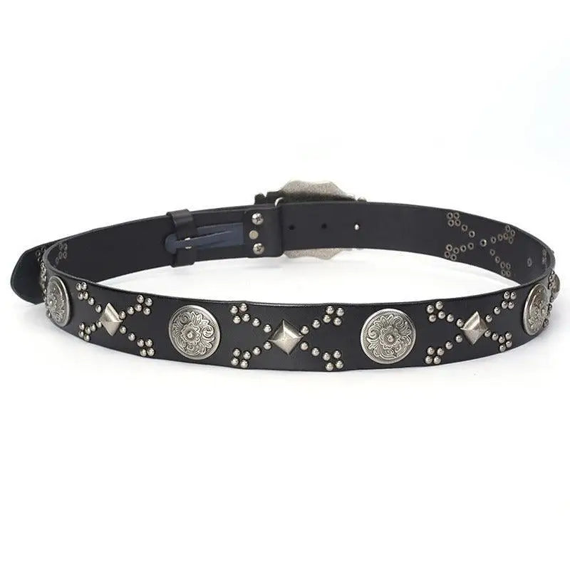 Black leather Macawi belt with ornate silver buckle and studded design for stylish wear