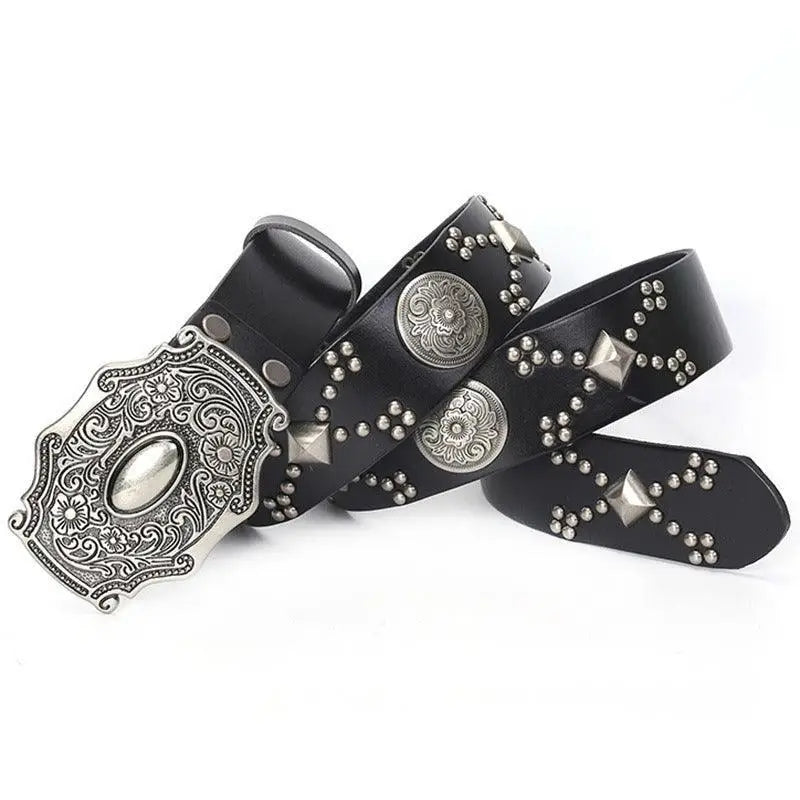 Black leather studded Macawi Belt with ornate silver buckle for stylish fashion accessories