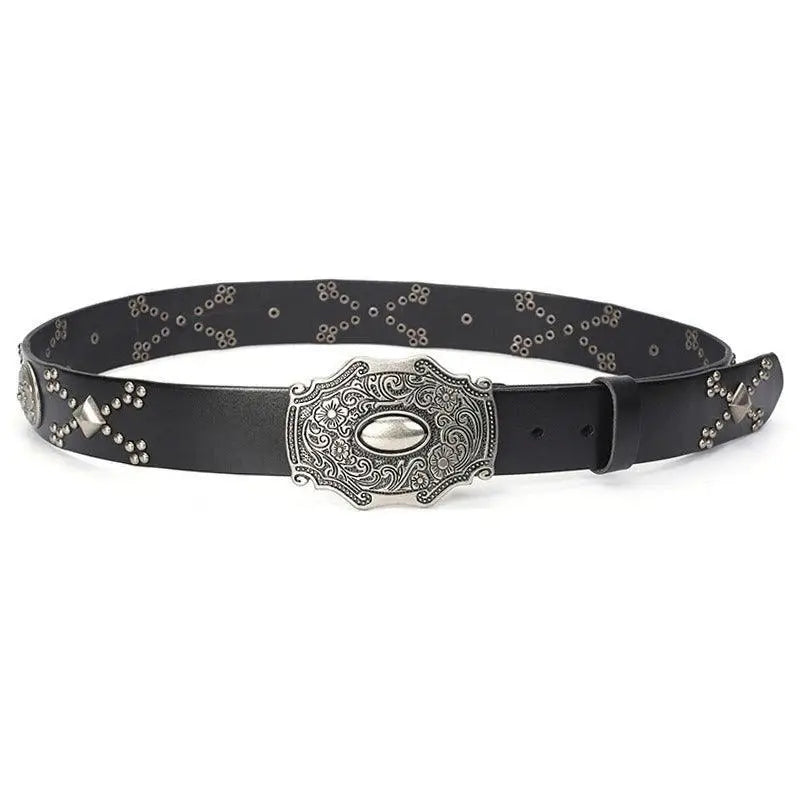 Black leather Macawi belt with ornate silver buckle and studded design for stylish menswear