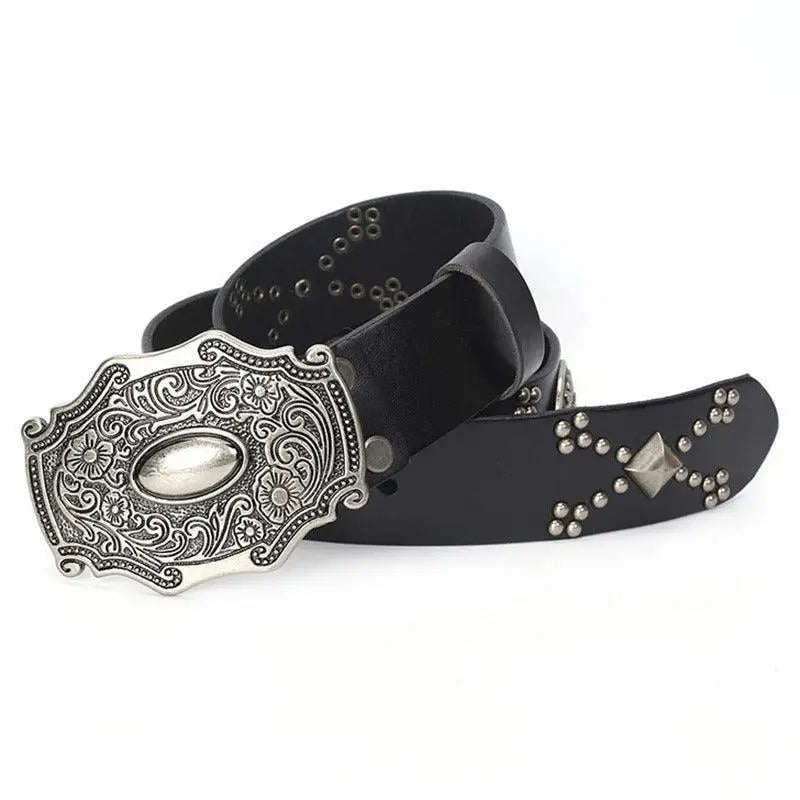 Macawi Belt with ornate silver buckle and studded black leather design