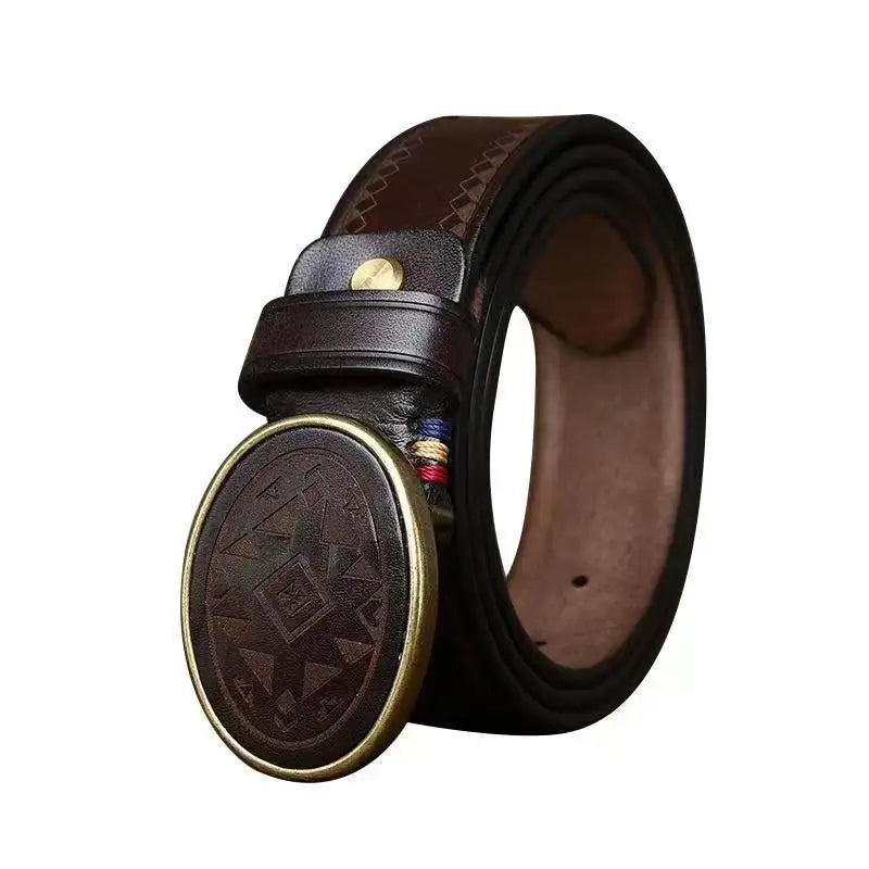 Sciria Belt Collection featuring brown leather belt with patterned buckle for stylish wear