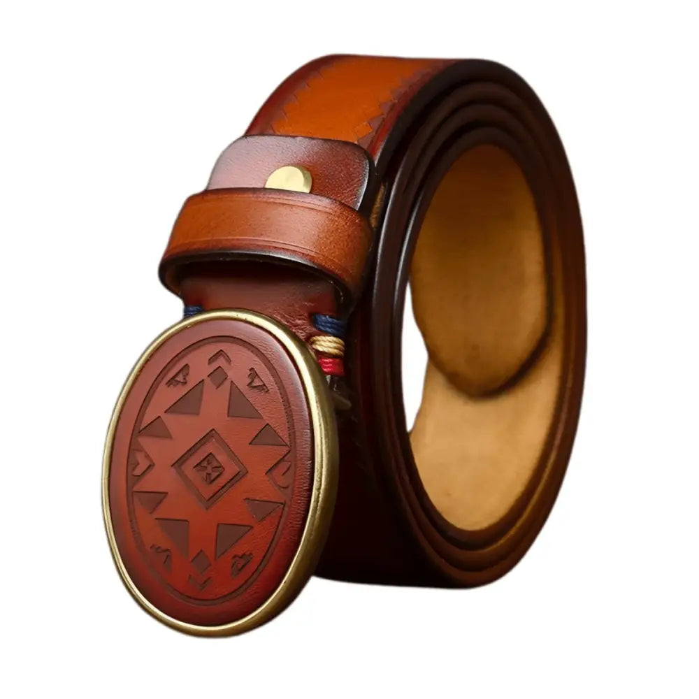 Sciria Belt collection featuring a brown leather belt with patterned buckle for elegant style