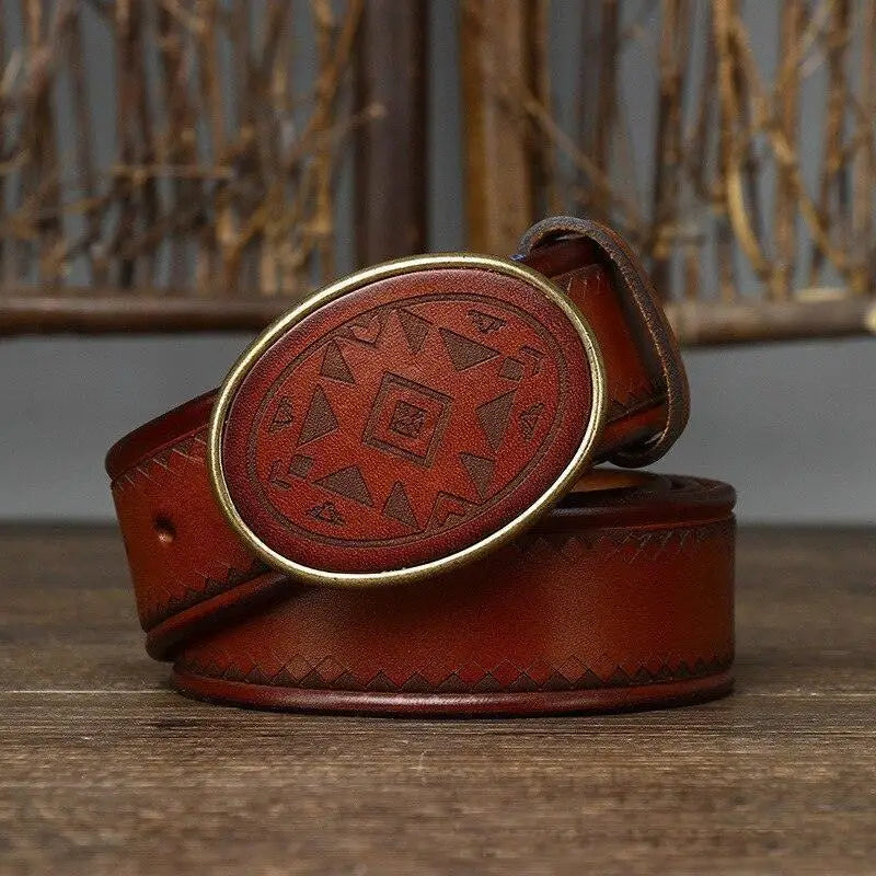 Sciria Belt from the Sciria Belt Collection featuring a brown leather belt with patterned buckle
