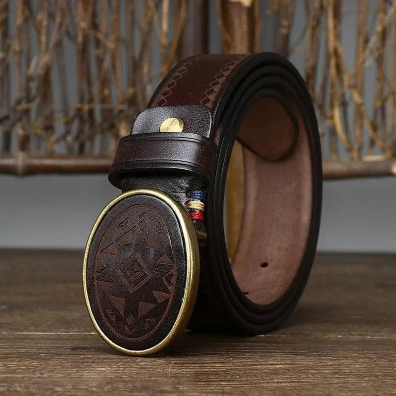 Brown leather belt from Sciria Belt Collection with stylish patterned oval buckle
