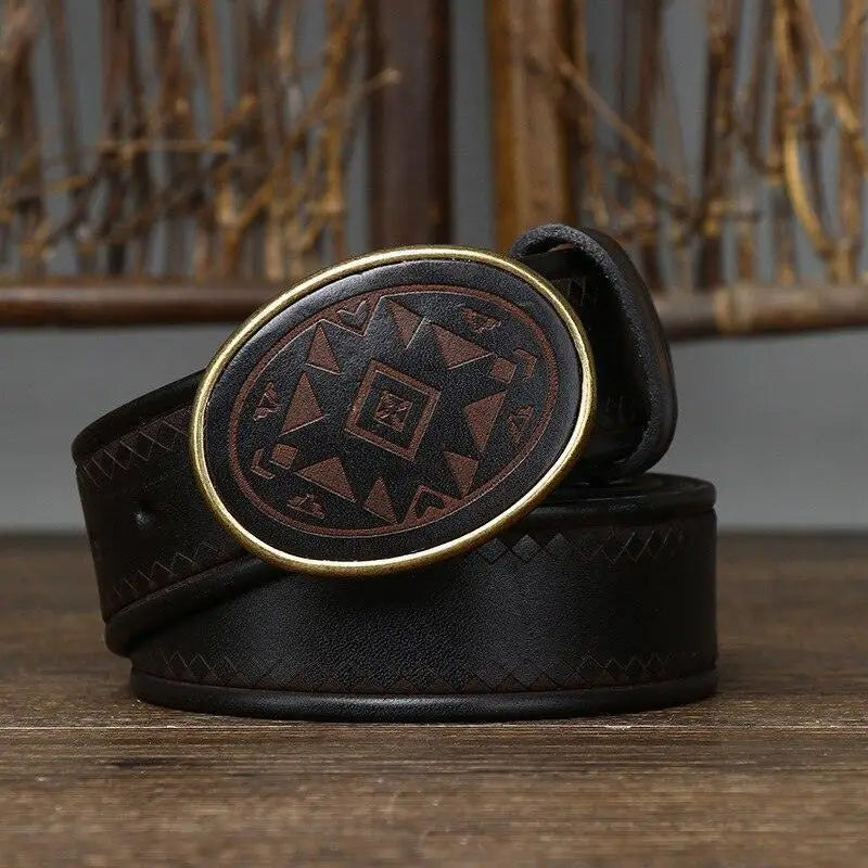 Sciria Belt from Sciria Belt Collection featuring brown leather and patterned oval buckle