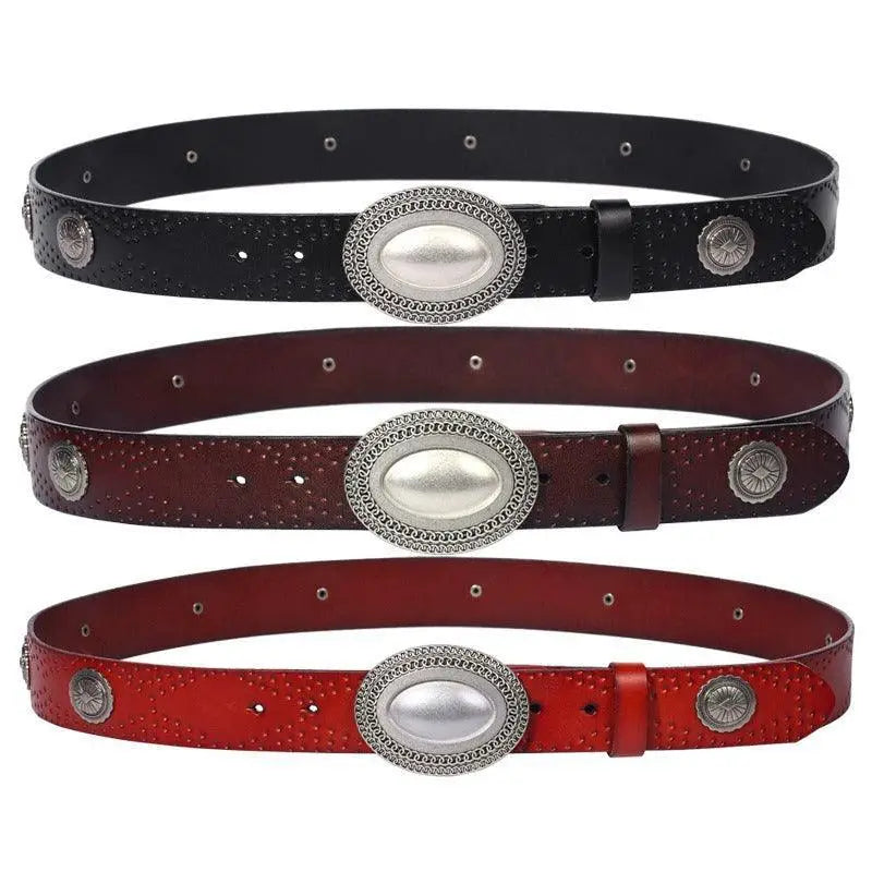 Set of three leather Shima belts with oval buckles in brown and burgundy