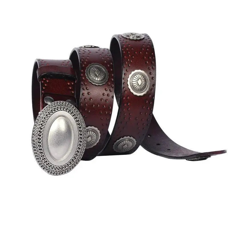 Brown leather Shima belt with silver conchos and oval buckle for stylish wear