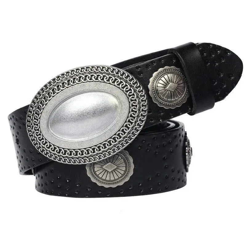 Black leather shima belt with silver buckle and embellishments for the Set of Three Leather Shima Belts