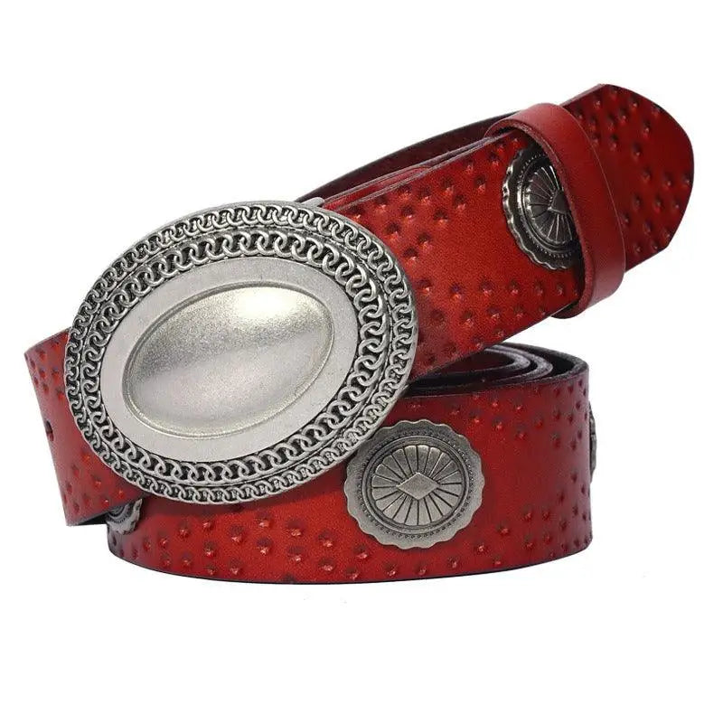Red leather shima belt with silver buckle from Set of Three Leather Shima Belts