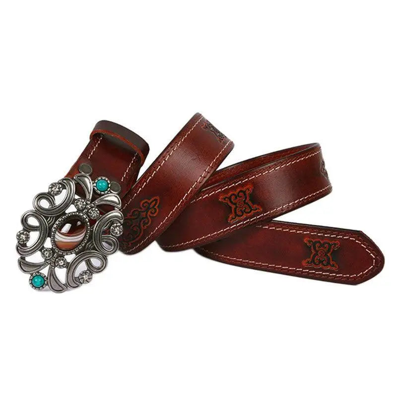 Takala Leather Belt with Ornate Silver Buckle in Great West Style