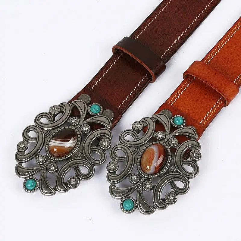 Takala Leather Belt with Ornate Silver Buckle in Great West Style showcasing two leather belts