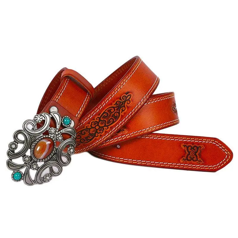 Embossed Takala Leather Belt with Ornate Silver Buckle in Great West style