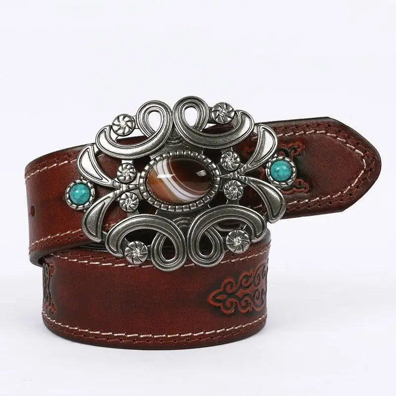 Takala Leather Belt with Ornate Silver Buckle in Great West Style