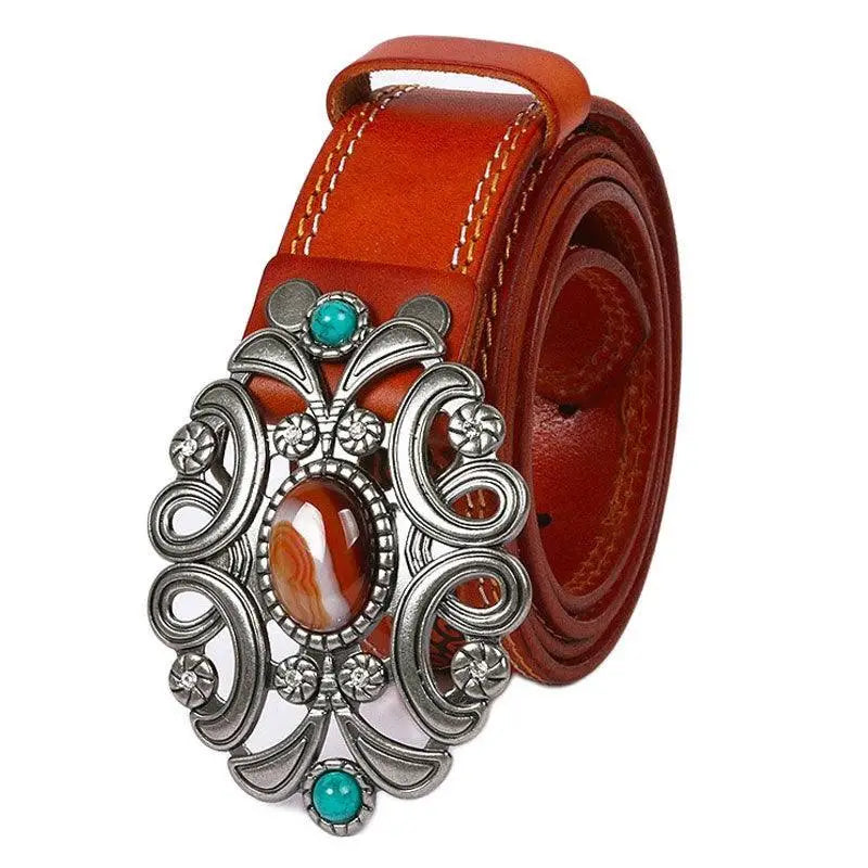 Takala Leather Belt with Ornate Silver Buckle in Great West style