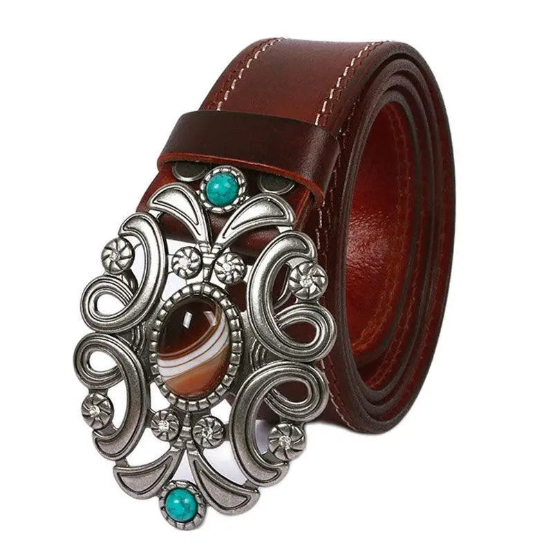 Takala Leather Belt with Ornate Silver Buckle Great West Style for authentic western fashion