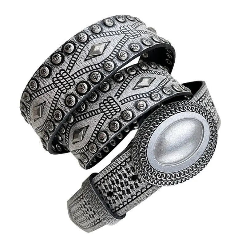 Silver studded leather belt from the Tiwa Belt Set with oval buckles