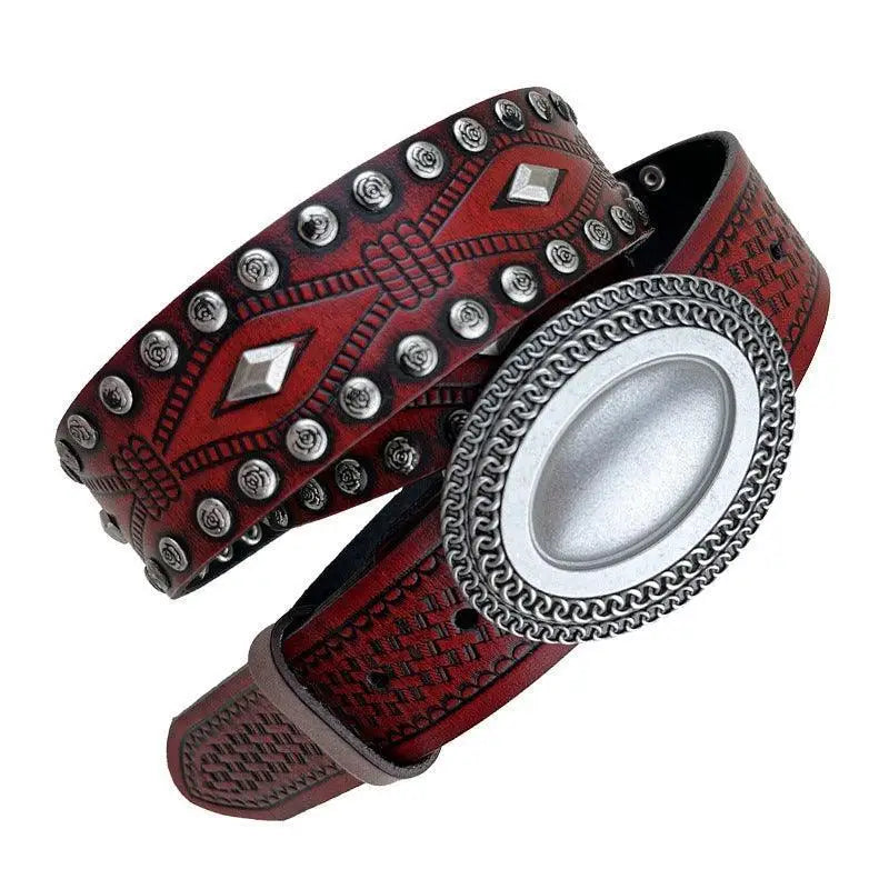 Red leather tiwa belt with silver studs and oval buckle for stylish accessories