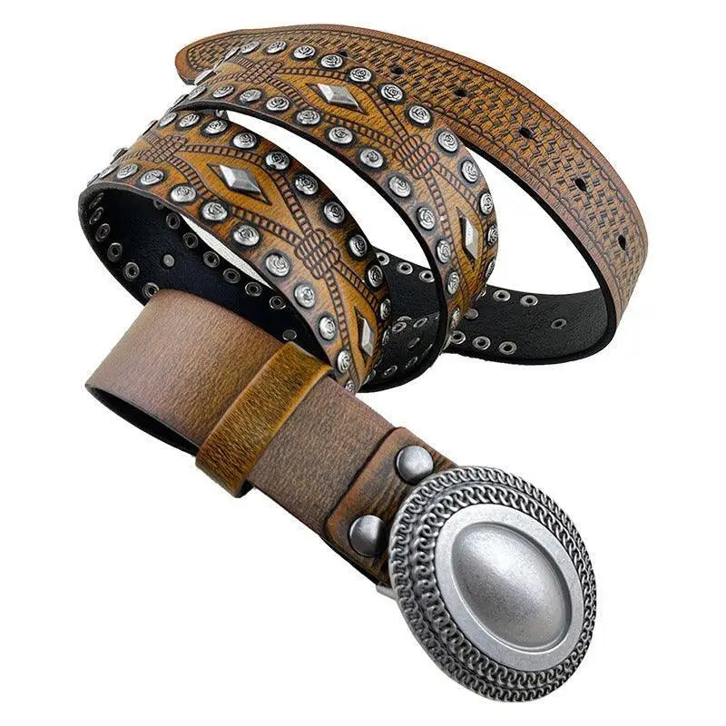 Brown leather belt with silver studs and buckle from the Tiwa Belt Set with Studded Leather
