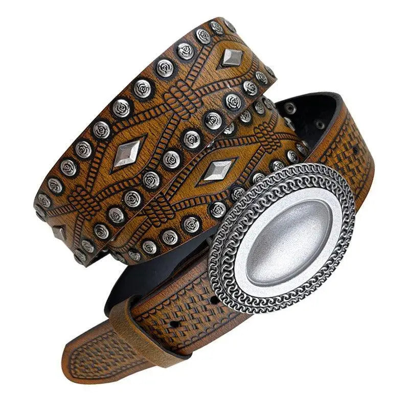 Embossed brown leather Tiwa Belt with silver studs and oval buckle for stylish wear