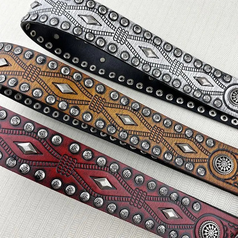 Three studded leather belts from the Tiwa Belt Set with oval buckles