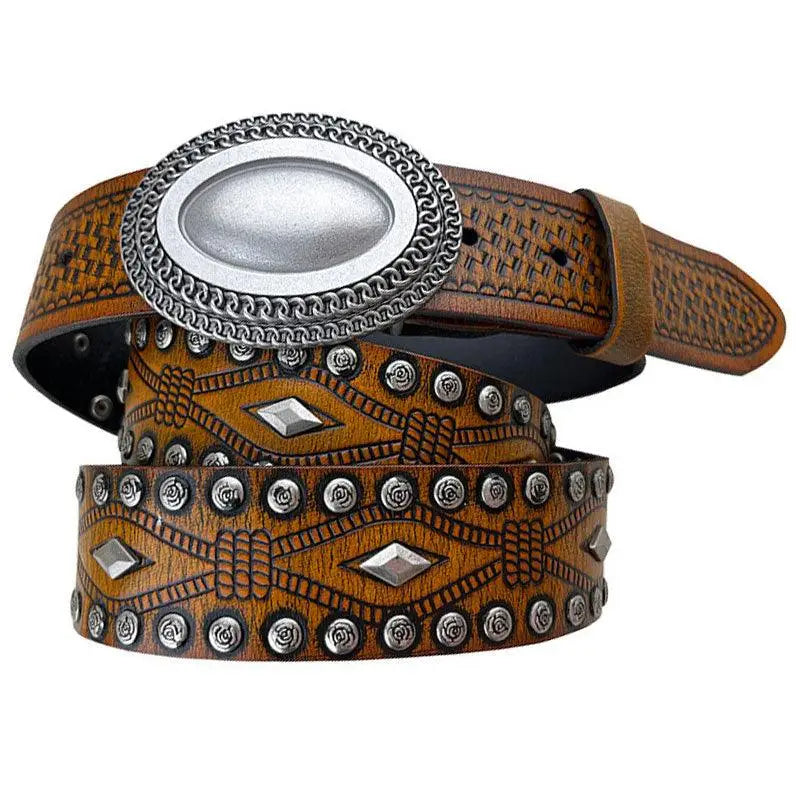 Brown leather belt with silver buckle and studs from Tiwa Belt Set with Studded Leather