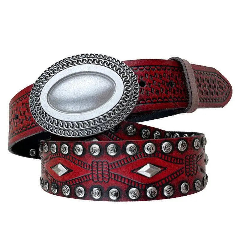 Red leather Tiwa Belt set with silver buckle and studs for stylish accessories