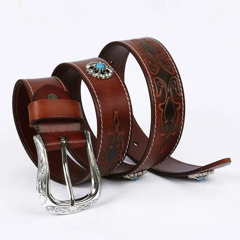 Tsula Belt in Brown Leather with Silver Buckle and Turquoise Accents for Stylish Wear
