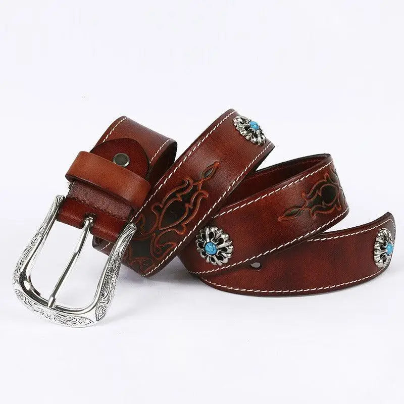 Tsula belt in brown leather with turquoise and silver accents for stylish wear