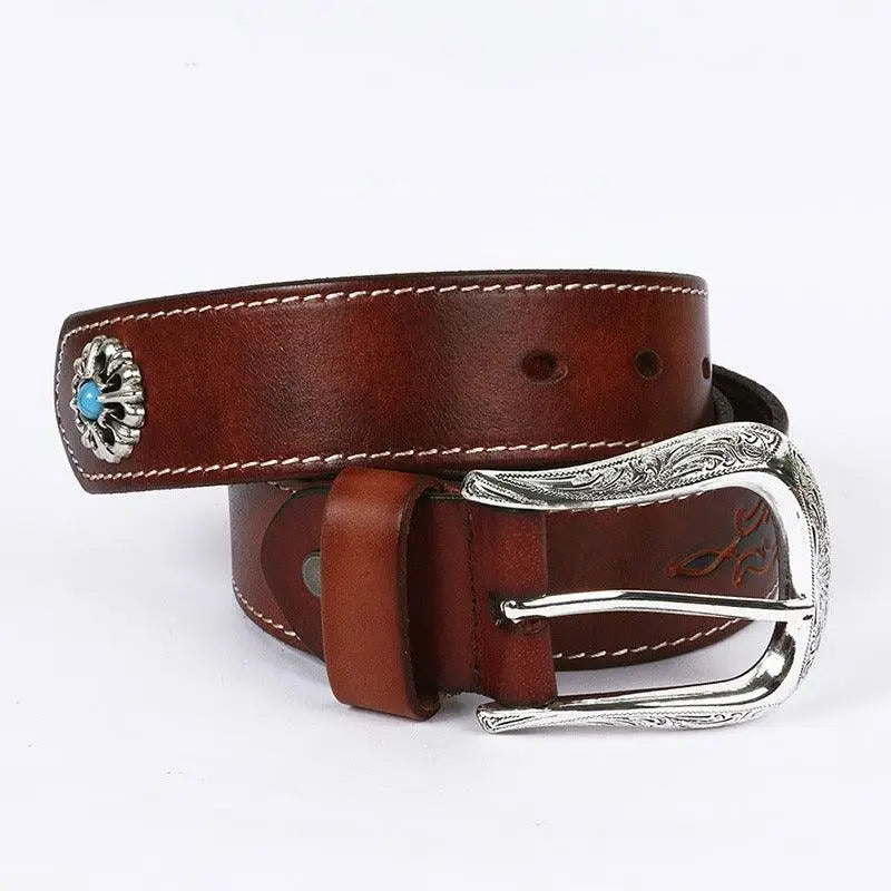 Tsula Belt in Brown Leather with Silver Buckle and Turquoise Accent for stylish wear