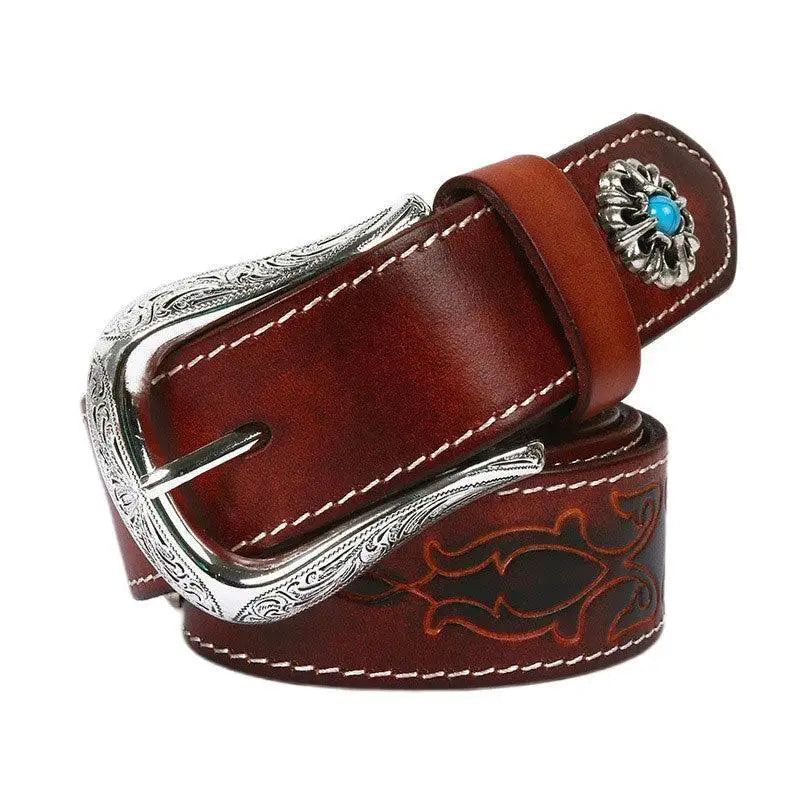Tsula Belt in Brown Leather with Silver Buckle and Turquoise Accents for style