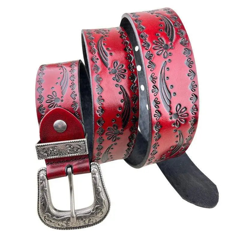 Red leather floral belt with silver buckle from Set of Three Embossed Leather Belts