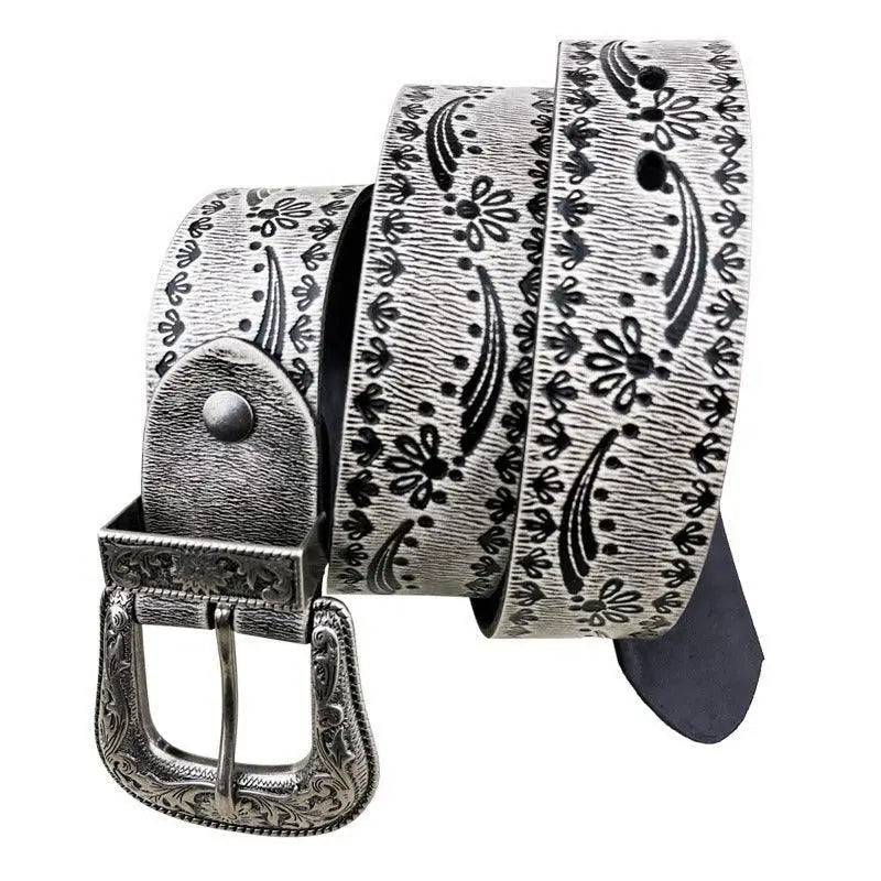 Silver floral embossed leather belt with an ornate buckle from the Set of Three Belts