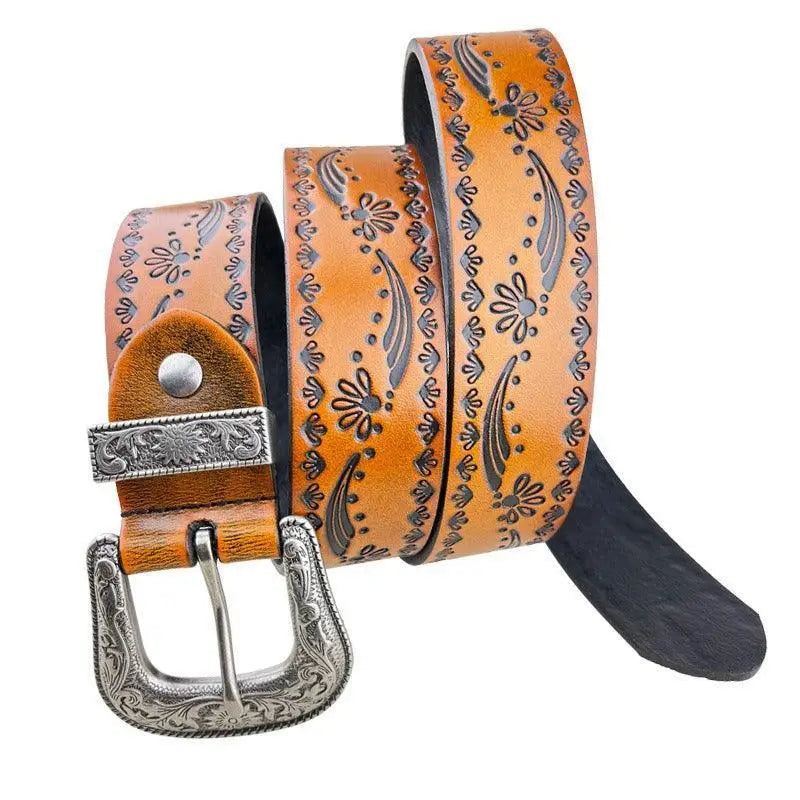 Embossed brown leather belt with ornate silver buckle from Set of Three Embossed Leather Belts