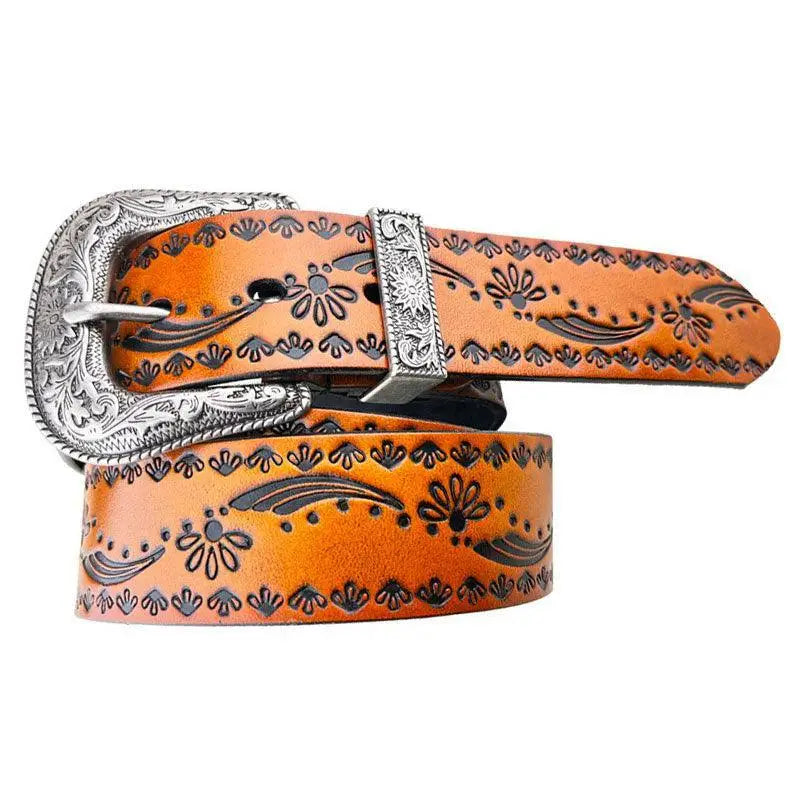 Embossed orange leather belt with ornate silver buckle displayed in a set of three