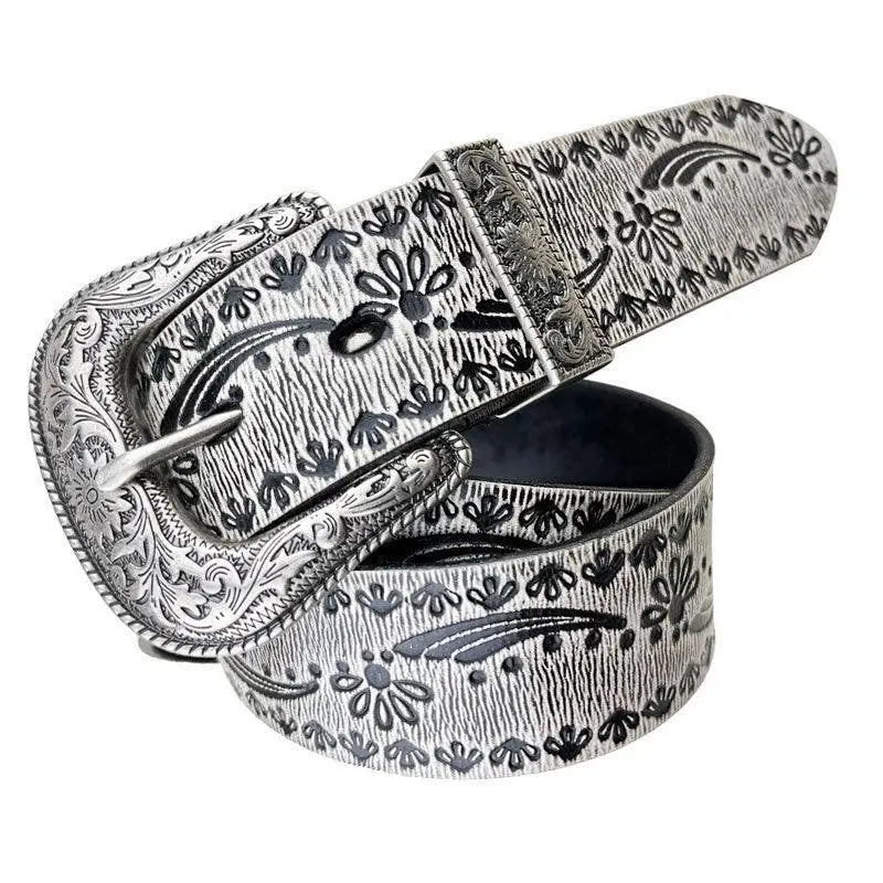 Embossed silver-tone belt with ornate buckle from the Set of Three Embossed Leather Belts