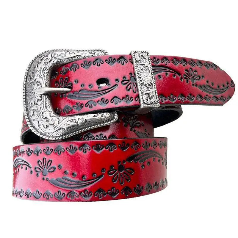 Red leather belt with silver buckle from Set of Three Embossed Leather Belts