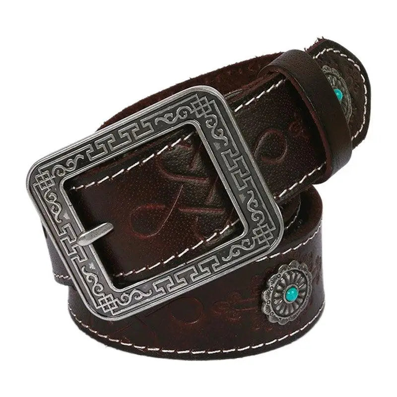 Wauna Belt with embossed black leather and turquoise silver concho decoration