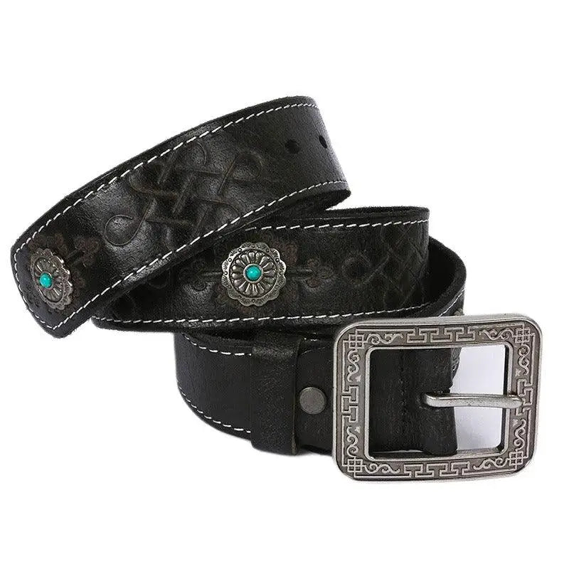 Wauna Belt with embossed black leather turquoise accents and a silver buckle for style