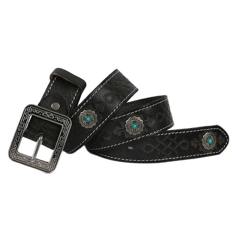 Wauna Belt with embossed black leather and turquoise silver concho detail