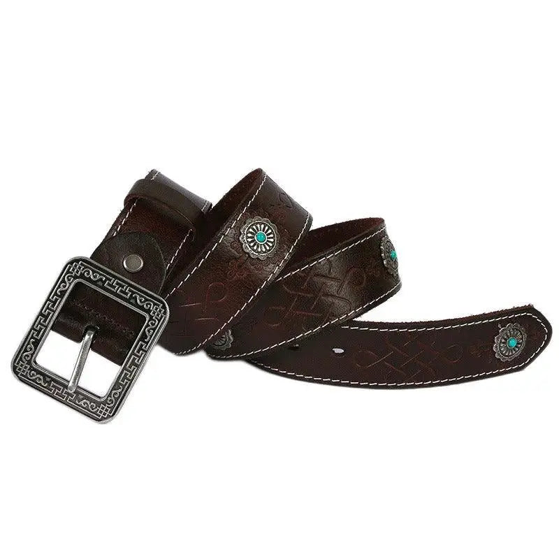 Wauna Belt with embossed black leather and turquoise accents featuring silver concho