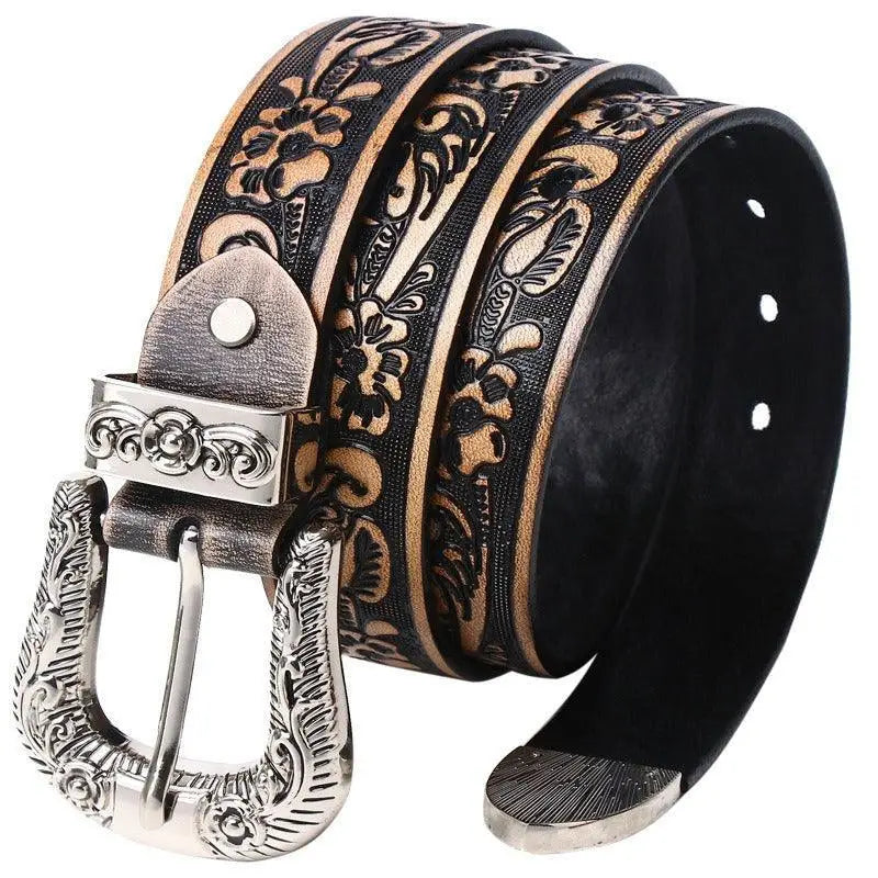 Yatokya belt with embossed leather and an ornate buckle in the Yatokya Belt Collection
