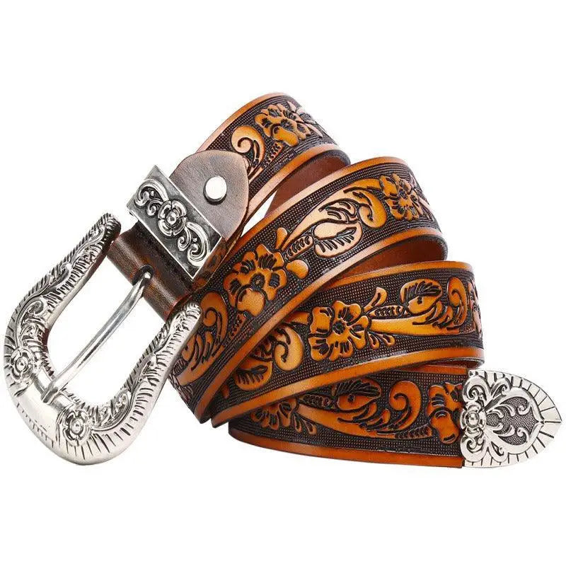 Yatokya Belt collection featuring embossed leather and an ornate metal buckle