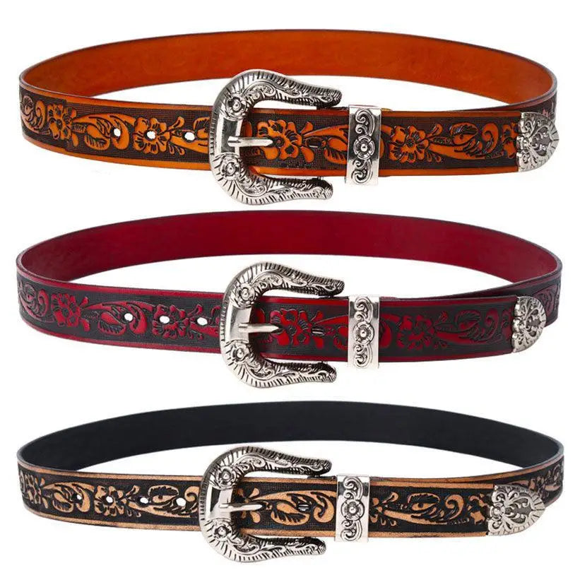 Yatokya belt collection featuring three tooled leather belts with ornate buckles